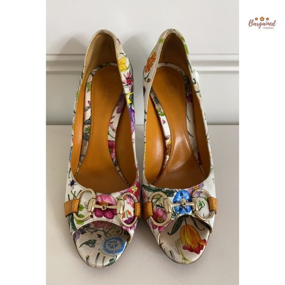 Authentic GUCCI Botanical Floral Satin & Karung Horsebit Peep Toe Pumps Size 7.5 - Picture 4 of 14